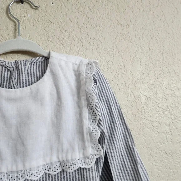 VTG Mousefeathers Size 6 Grey White Striped Lace Collar Puff Sleeve Ruffle Dress - Picture 5 of 16